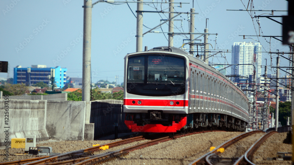 Fototapeta premium Beautiful view of train on rails in the city