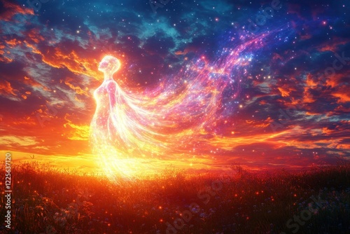 A surreal illustration of a glowing feminine figure dissolving into the cosmos, with energy flowing into a vibrant sunset. photo