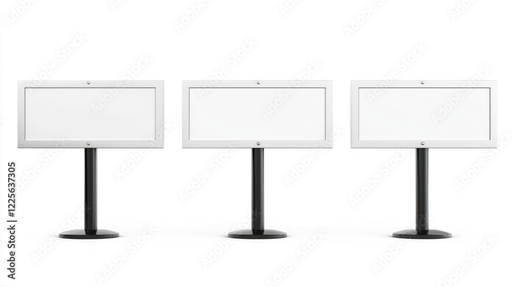 Empty advertising boards on black stands isolated on white background Empty advertising boards on black stands isolated on white background