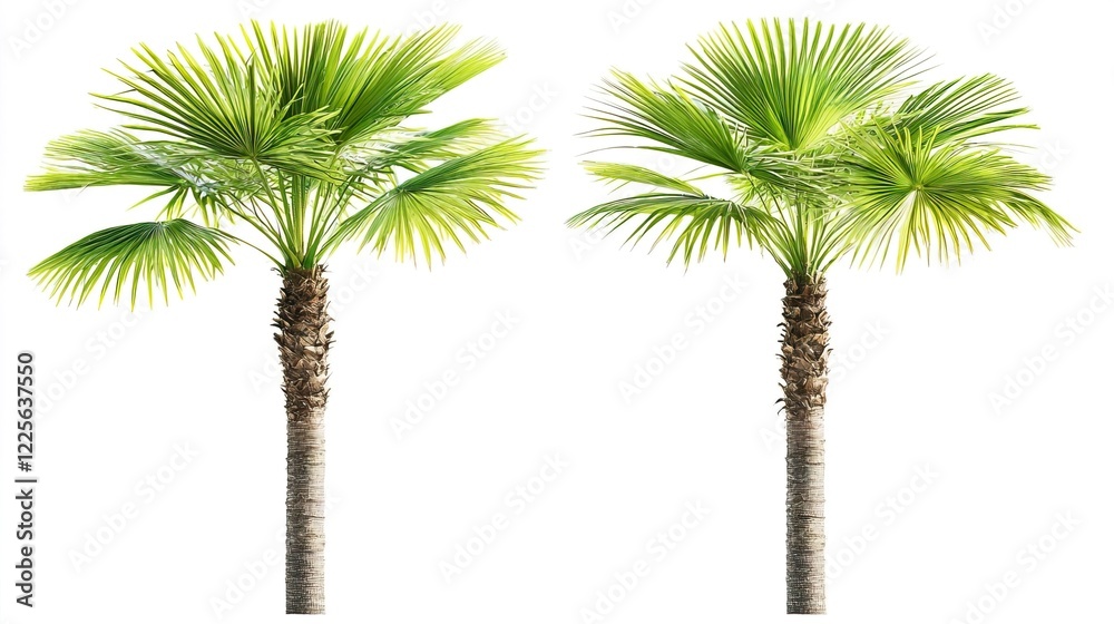 Fototapeta premium Two Lush Palm Trees with Green Fronds Isolated on White Background