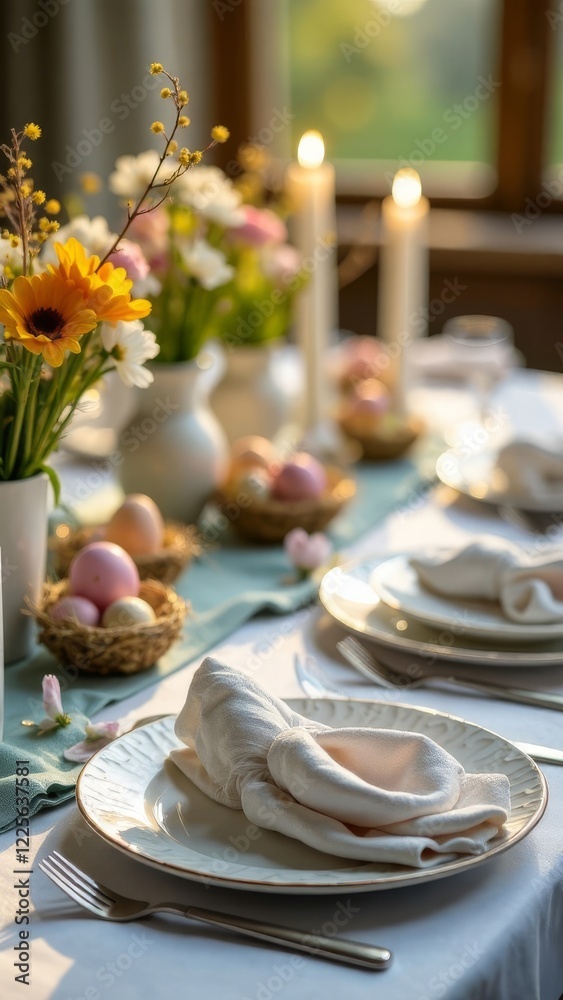 Naklejka premium Festively decorated table for Easter in pastel colors: Easter eggs, dishes, tablecloth, delicate flowers in a vase, napkins folded in the shape of Easter bunny ears