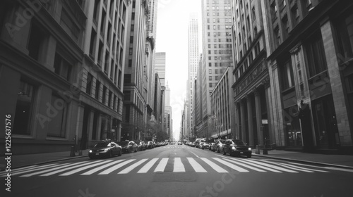 Fototapeta Naklejka Na Ścianę i Meble -  Black and white photo of a city street with tall buildings and crosswalk.