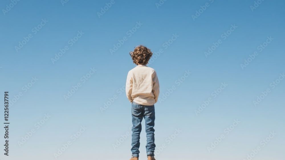 Boy standing outdoors, facing away, clear blue sky background. Boy standing outdoors, facing away, clear blue sky background.