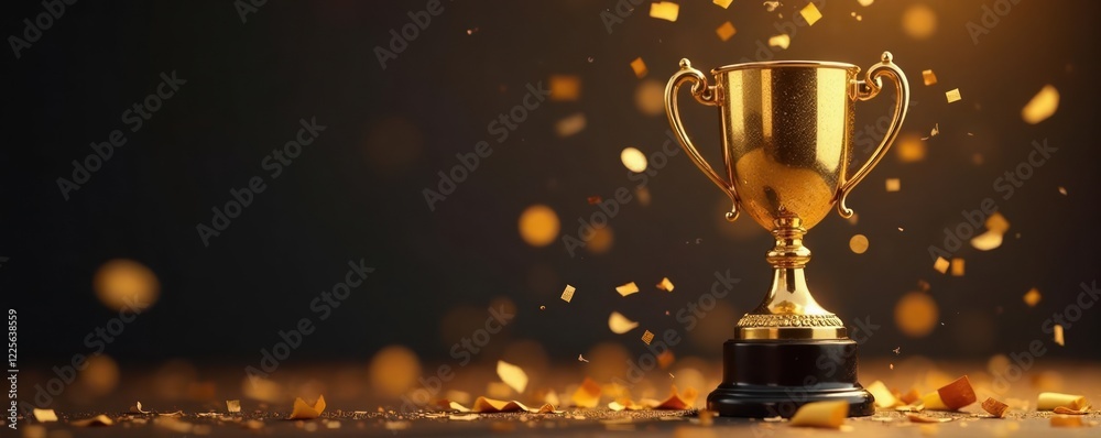 Wide shot of a golden trophy with confetti falling from the ceiling, golden, festive Wide shot of a golden trophy with confetti falling from the ceiling, golden, festive