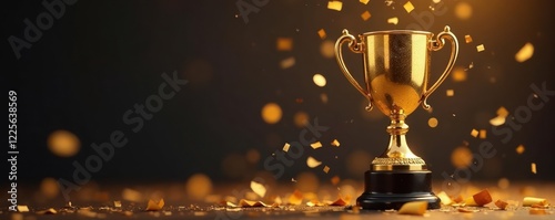 Wide shot of a golden trophy with confetti falling from the ceiling, golden, festive