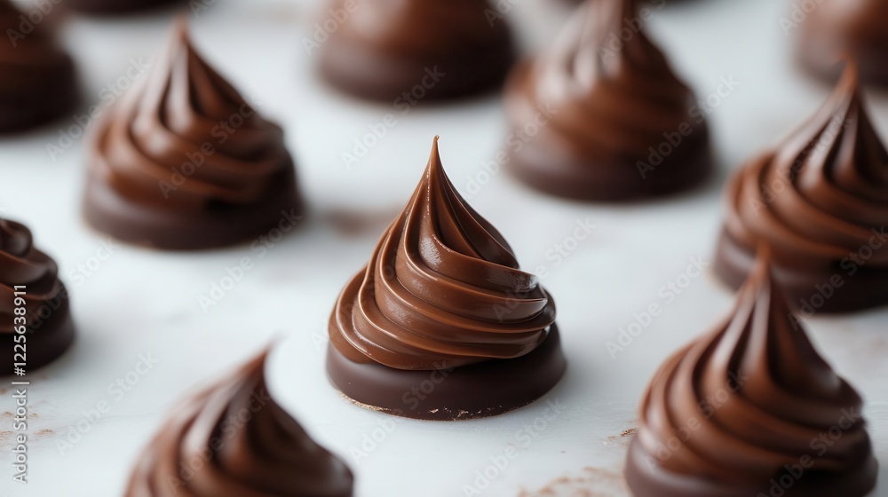 artisanal dark chocolate ganache swirled into perfect peaks, rich velvety texture with subtle sheen artisanal dark chocolate ganache swirled into perfect peaks, rich velvety texture with subtle sheen
