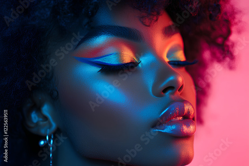 Close-up of a woman with vibrant makeup, glowing neon lights, and bold, dramatic colors on her face.