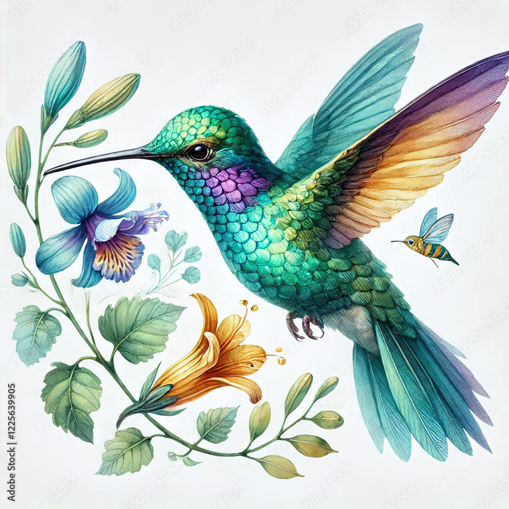 Obraz premium A delicate watercolor painting of a tropical hummingbird with colorful plumage in shades of turquoise, purple, and gold, hovering near a flower. Generative AI.