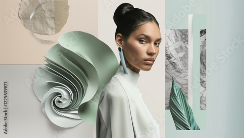 A fashion mood board with a color palette of mint green, white, and grey.