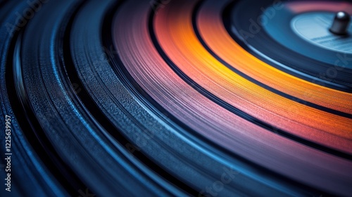 Spinning vinyl record close-up, warm tones, music background