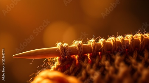close up of a wooden knitting needle with warm brown yarn with sunlight in the background, space for copy