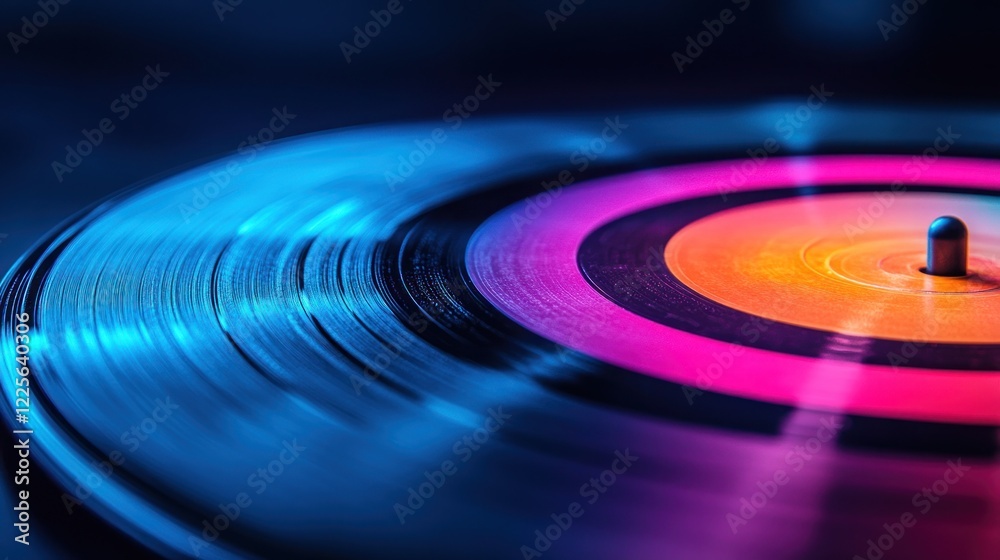 Spinning vinyl record, neon light, close-up, music Spinning vinyl record, neon light, close-up, music
