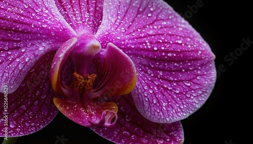 Close-up of purple orchid flower with water droplets on petals. Macro photography on black background. Exotic floral design and decoration concept for greeting cards and prints.