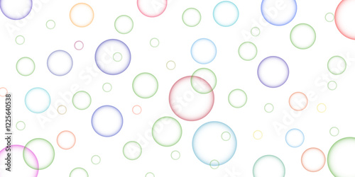 Blue, green, red, and pink realistic bubble background. 3d abstract foam sphere banner bg. Mixed colorful circle is suspending over a mixed size of black ring on a white background. 