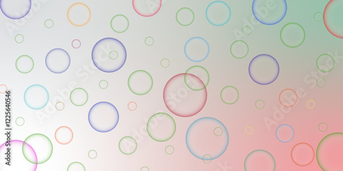Blue, green, red, and pink realistic bubble background. 3d abstract foam sphere banner bg. Mixed colorful circle is suspending over a mixed size of black ring on a white background. 