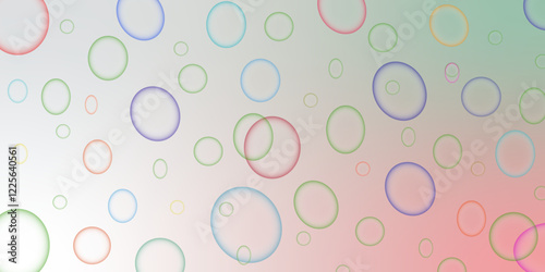 Blue, green, red, and pink realistic bubble background. 3d abstract foam sphere banner bg. Mixed colorful circle is suspending over a mixed size of black ring on a white background. 