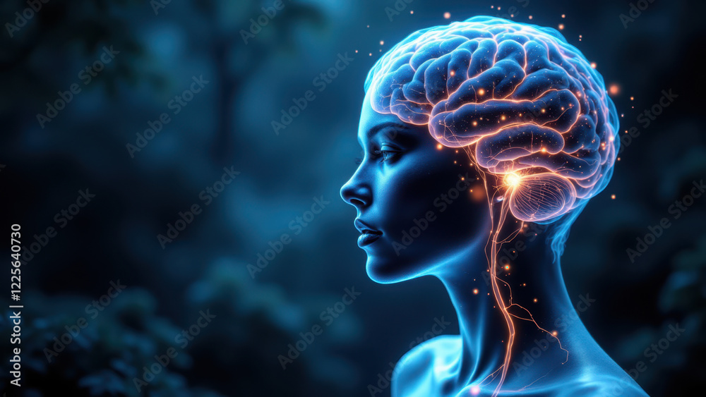 A 3D rendering of a human head with detailed neural activity to represent VNS or vagus nerve stimulation. A 3D rendering of a human head with detailed neural activity to represent VNS or vagus nerve stimulation.