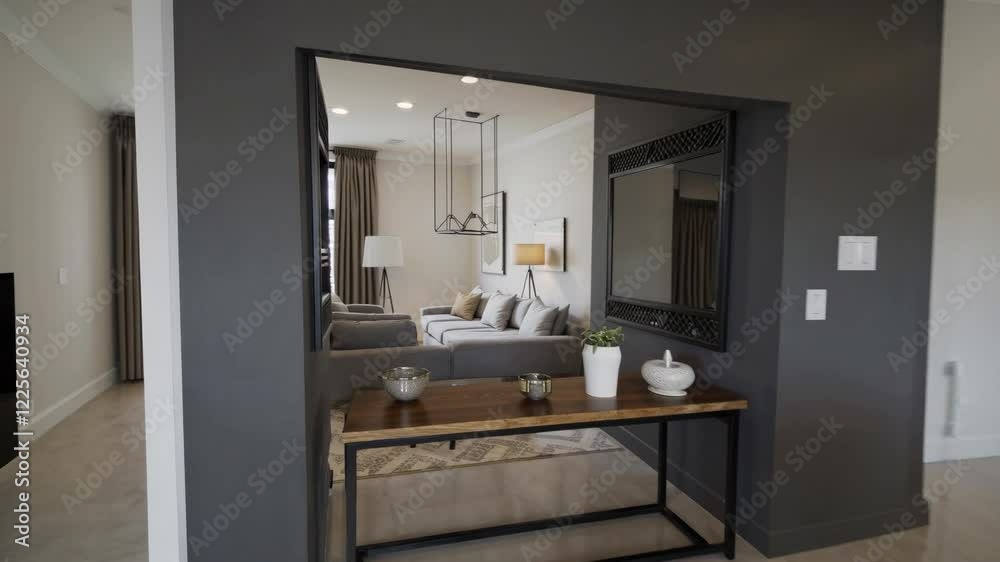 A photorealistic 3D animation rendering of a modern apartment interior, seamlessly combining a dining room, living room, and hall into a cohesive open-plan design. A photorealistic 3D animation rendering of a modern apartment interior, seamlessly combining a dining room, living room, and hall into a cohesive open-plan design.