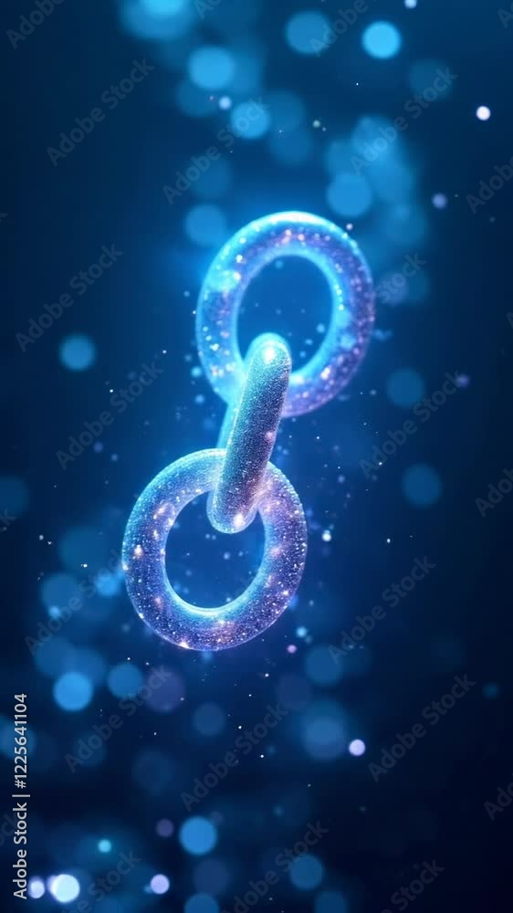 Glowing blue and purple chain link in a dark blue bokeh background. Sparkling particles surround the interlinked rings. Ideal for technology