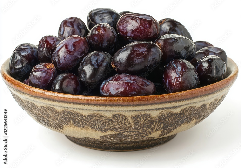 Fototapeta premium Fresh, Organic Black Plums in a Decorative Bowl on a White Background Perfect for Healthy Eating and Culinary Inspiration