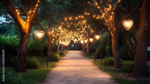 A tree-lined pathway with glowing heart-shaped lanterns lighting the way