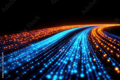A glowing digital road with blue and orange lights, symbolizing the speed of data transfer in fiber optic