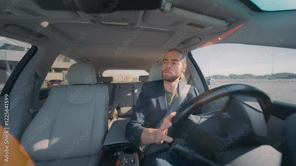 Man in black jacket turning steering wheel with one hand while driving car. Looking in mirror to park or turn automobile. Carefully driving. Obeying traffic rules. Riding in vehicle on parking. Man in black jacket turning steering wheel with one hand while driving car. Looking in mirror to park or turn automobile. Carefully driving. Obeying traffic rules. Riding in vehicle on parking.