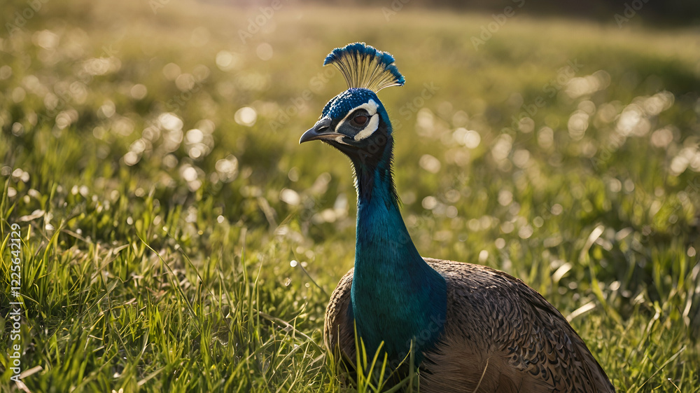 Pfau, liegt auf der Wiese in der Sonne Pfau, liegt auf der Wiese in der Sonne
