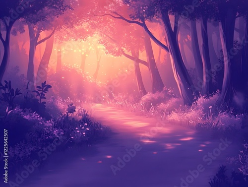 Magical Sunset Path Through Purple Forest, Fantasy Landscape Illustration