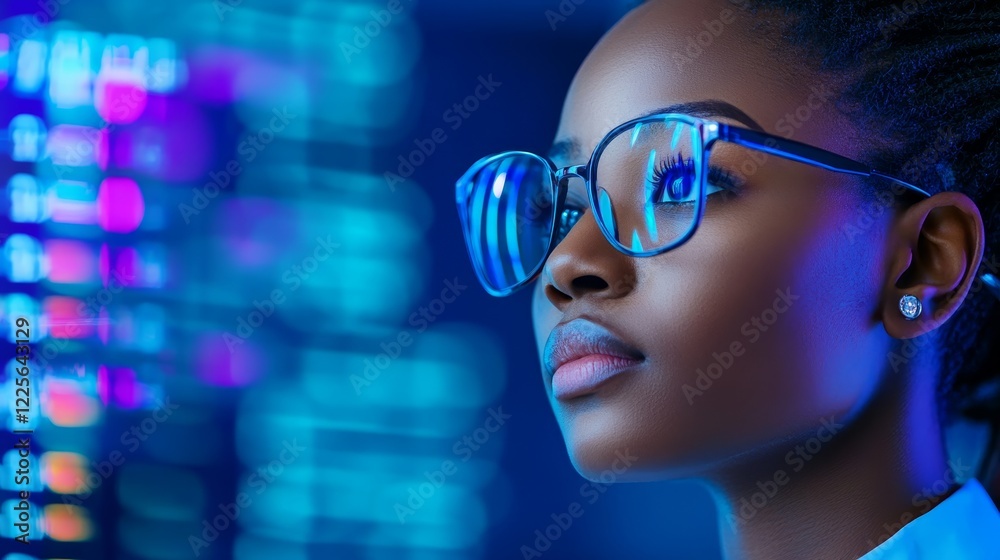Woman Programmer Coding at Night - A young Black woman wearing glasses looks thoughtfully at a computer screen filled with code. Blue light illuminates her face. Woman Programmer Coding at Night - A young Black woman wearing glasses looks thoughtfully at a computer screen filled with code. Blue light illuminates her face.