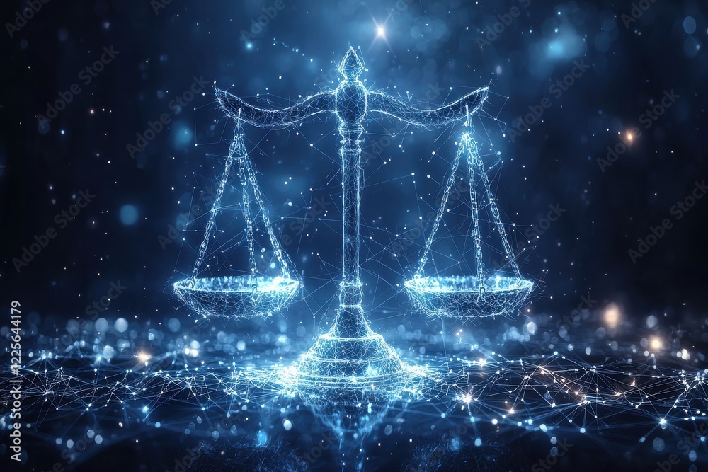 Digital scales of justice glowing with interconnected light nodes Digital scales of justice glowing with interconnected light nodes