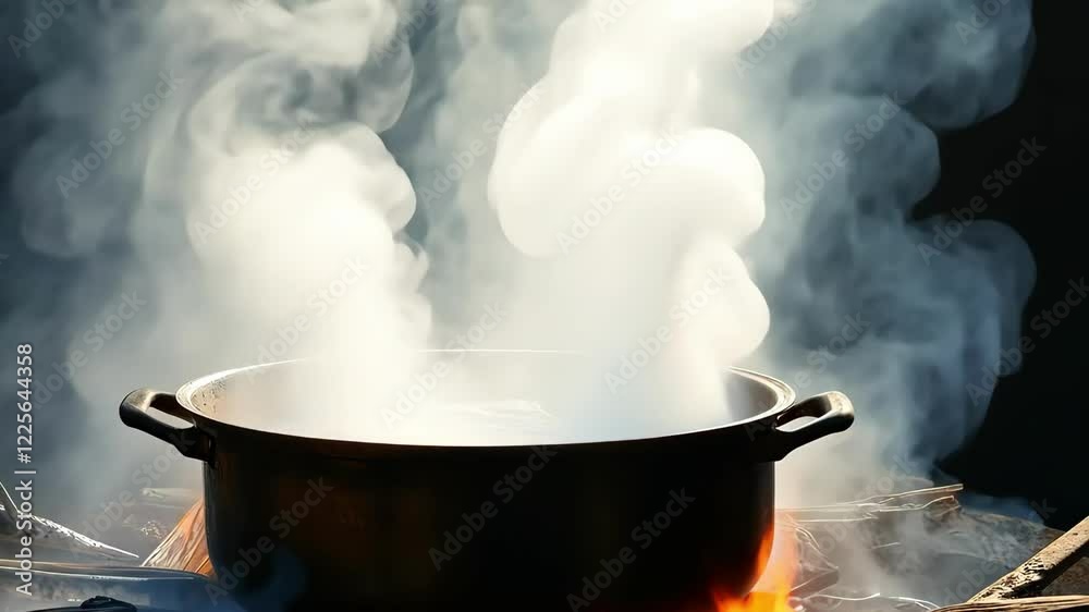 Steam rises from boiling pot over fire in outdoor setting, creating a warm and inviting culinary atmosphere