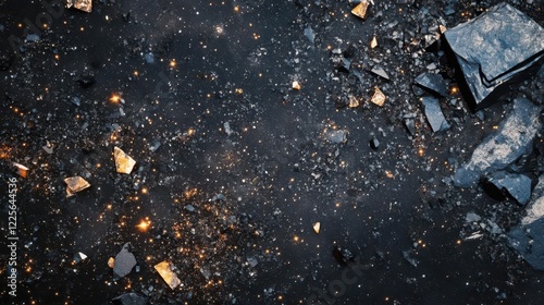 dynamic composition of rocky space debris scattered against starfield, detailed texture and dramatic lighting photo