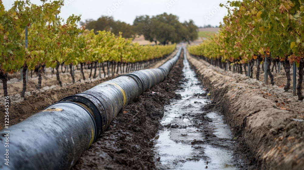 Modern Irrigation System in Vineyard Landscape with Green Vines Modern Irrigation System in Vineyard Landscape with Green Vines
