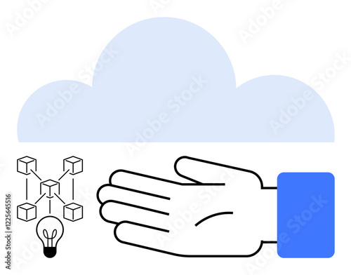Hand with blue sleeve holding cloud, network blocks, light bulb. Ideal for technology, innovation, networking, creativity, support digital solutions cloud computing. Line metaphor