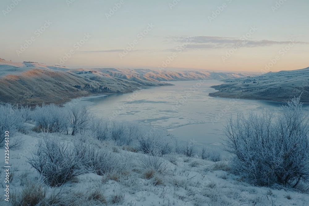 Winter landscape showcasing a frozen river valley Winter landscape showcasing a frozen river valley
