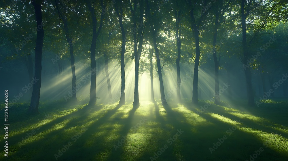 Obraz premium A misty forest at dawn with the first rays of sunlight filtering through the trees and casting long shadows