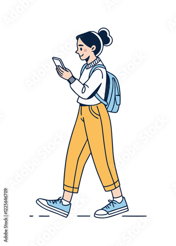 a young adult girl walks with a phone in her hands, chatting, checking messages