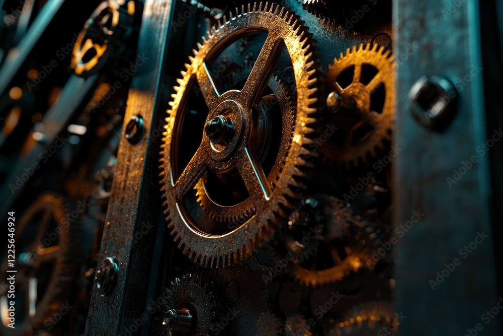 Fototapeta premium Intricate Golden Gears Intermeshing Within a Clockwork Mechanism