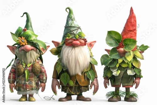 Gnome fashionistas hosting a glamorous fashion show, modeling the latest trends in leafy couture and acorn accessories. 3d render cartoons character, full body, Isolate on white background, Center