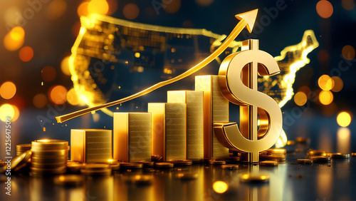 Economic Growth in United States. Economic Forecast for the US Economy. Up arrow in the chart against the background of the digital US map. Gold 3d US dollar symbol.