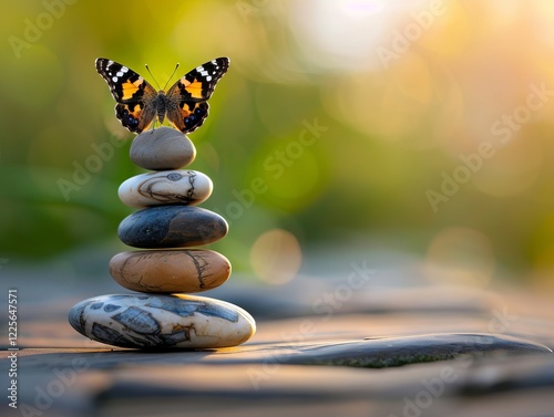 A vibrant butterfly rests atop a balanced stack of stones, blending nature's beauty with tranquility. balance harmony of nature