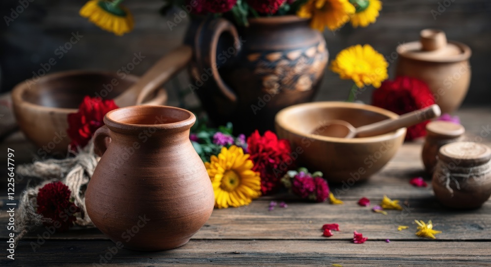 Rustic pottery and vibrant flowers create a charming still life composition Rustic pottery and vibrant flowers create a charming still life composition