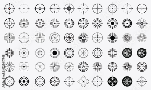 Crosshair, gun sight vector icons. Bullseye, black target or aim symbol. Military rifle scope, shooting mark sign. Targeting, aiming for a shot. Archery, hunting and sports shooting. Game UI element.