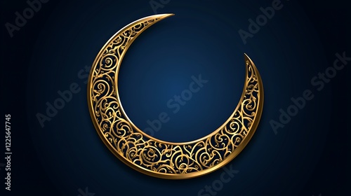 Ornate Golden Crescent Moon Design on Dark Blue Background