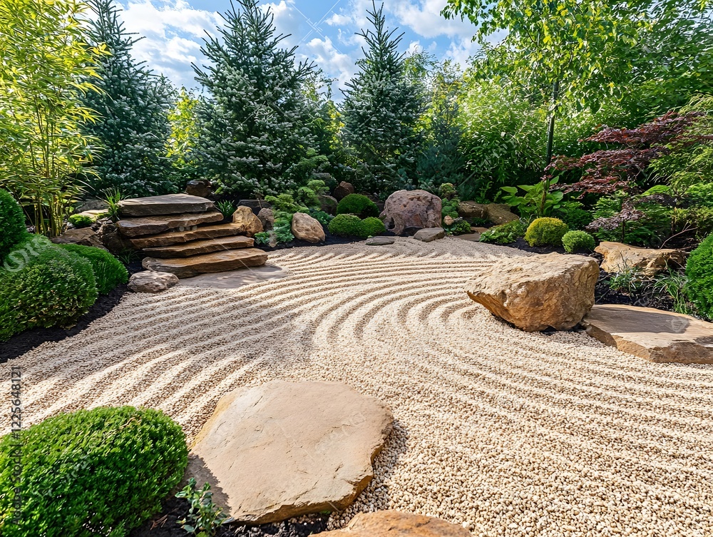 Serene Zen Garden Landscape Design with Stone Pathway and Gravel Serene Zen Garden Landscape Design with Stone Pathway and Gravel