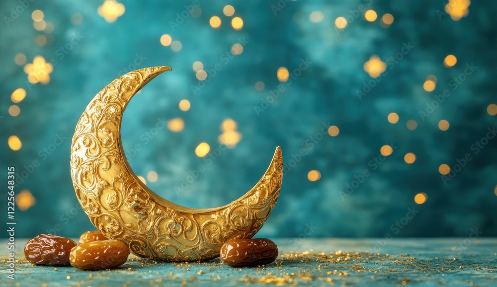 Fototapeta premium Golden crescent moon decoration with dates and shimmering bokeh background for Ramadan celebration and Islamic festival decorations and events