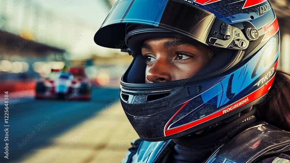 Young female racer ready on track, early morning. Racer poised at starting line. Woman in helmet focuses intensely. Competitor waits for signal, motorsport event. Atmosphere charged with Young female racer ready on track, early morning. Racer poised at starting line. Woman in helmet focuses intensely. Competitor waits for signal, motorsport event. Atmosphere charged with