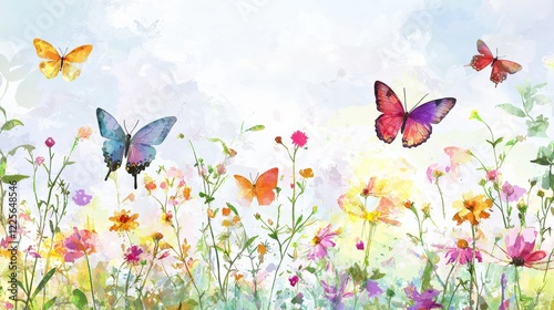 A watercolor-style illustration depicting a vibrant spring scene filled with colorful butterflies, blooming flowers, and soft, dreamy skies, capturing the essence of nature’s renewal.