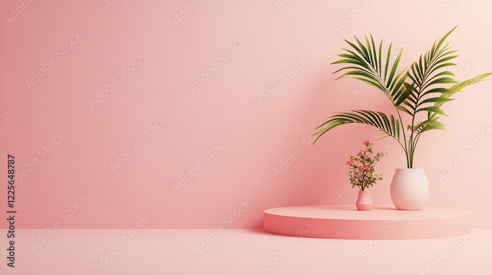 Pink background with potted plants on a platform Pink background with potted plants on a platform